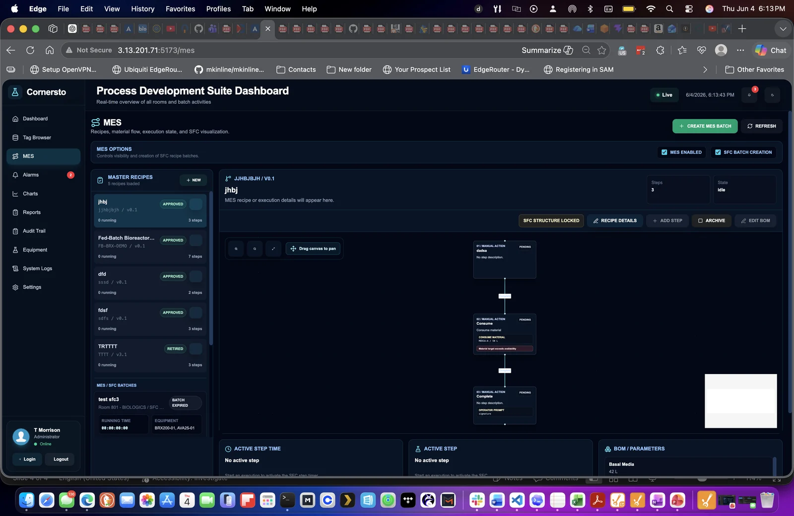 Visual MES and SFC recipe workflow screen